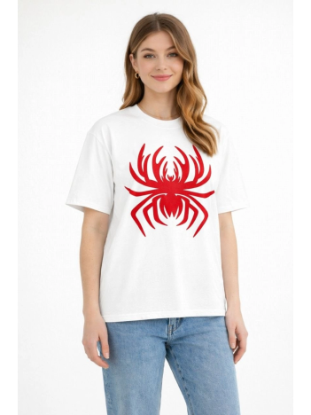 Kadın Örümcek Baskılı Tişört Kısa Kollu Bisiklet Yaka T-shirt - Beyaz