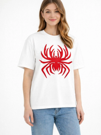 Kadın Örümcek Baskılı Tişört Kısa Kollu Bisiklet Yaka T-shirt - Beyaz