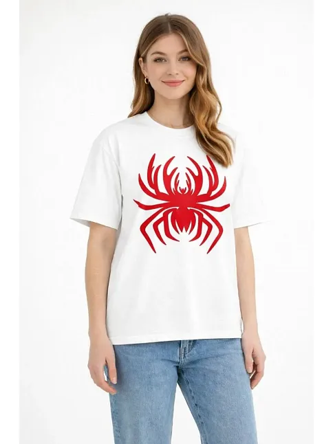 Kadın Örümcek Baskılı Tişört Kısa Kollu Bisiklet Yaka T-shirt - Beyaz Kadın Örümcek Baskılı Tişört Kısa Kollu Bisiklet Yaka T-shirt - Beyaz
