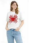 Kadın Örümcek Baskılı Tişört Kısa Kollu Bisiklet Yaka T-shirt - Beyaz Kadın Örümcek Baskılı Tişört Kısa Kollu Bisiklet Yaka T-shirt - Beyaz