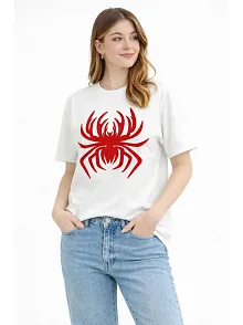Kadın Örümcek Baskılı Tişört Kısa Kollu Bisiklet Yaka T-shirt - Beyaz