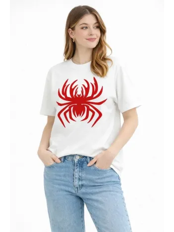 Kadın Örümcek Baskılı Tişört Kısa Kollu Bisiklet Yaka T-shirt - Beyaz