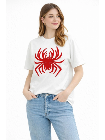 Kadın Örümcek Baskılı Tişört Kısa Kollu Bisiklet Yaka T-shirt - Beyaz