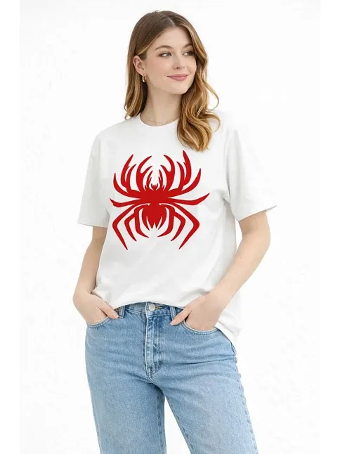 Kadın Örümcek Baskılı Tişört Kısa Kollu Bisiklet Yaka T-shirt - Beyaz Kadın Örümcek Baskılı Tişört Kısa Kollu Bisiklet Yaka T-shirt - Beyaz