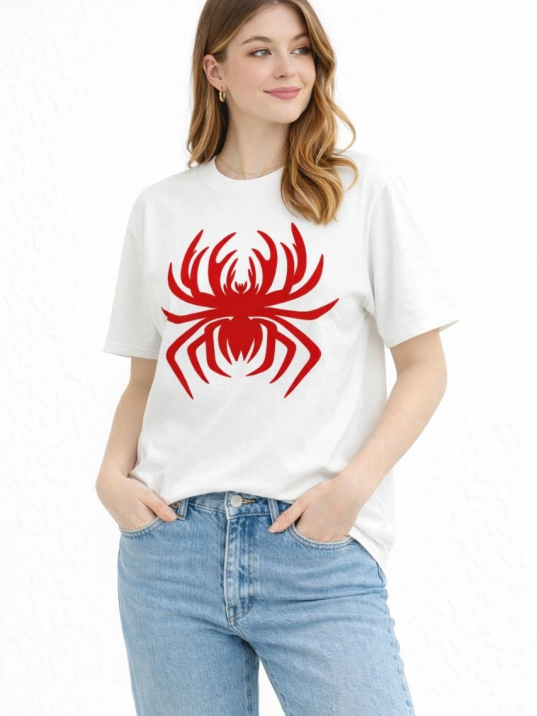 Kadın Örümcek Baskılı Tişört Kısa Kollu Bisiklet Yaka T-shirt - Beyaz