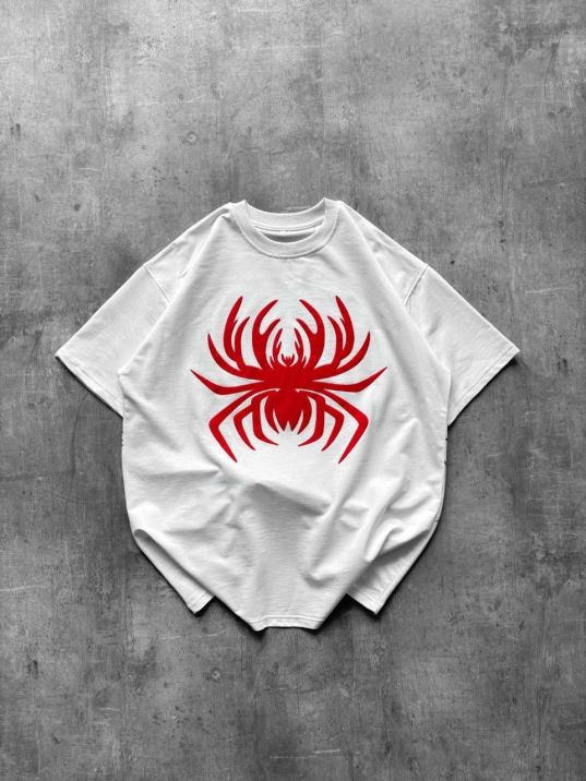 Kadın Örümcek Baskılı Tişört Kısa Kollu Bisiklet Yaka T-shirt - Beyaz