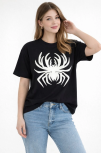 Kadın Örümcek Baskılı Tişört Kısa Kollu Bisiklet Yaka T-shirt - Siyah