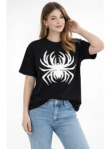 Kadın Örümcek Baskılı Tişört Kısa Kollu Bisiklet Yaka T-shirt - Siyah