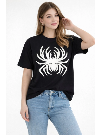 Kadın Örümcek Baskılı Tişört Kısa Kollu Bisiklet Yaka T-shirt - Siyah