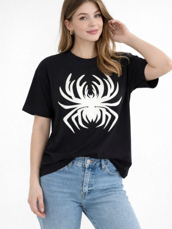 Kadın Örümcek Baskılı Tişört Kısa Kollu Bisiklet Yaka T-shirt - Siyah