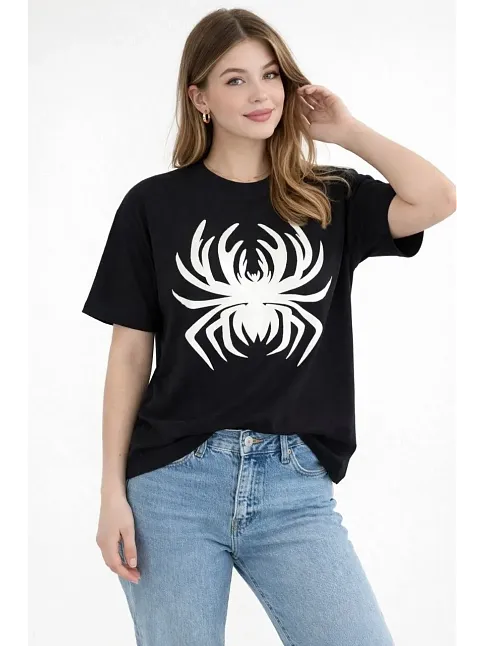 Kadın Örümcek Baskılı Tişört Kısa Kollu Bisiklet Yaka T-shirt - Siyah Kadın Örümcek Baskılı Tişört Kısa Kollu Bisiklet Yaka T-shirt - Siyah
