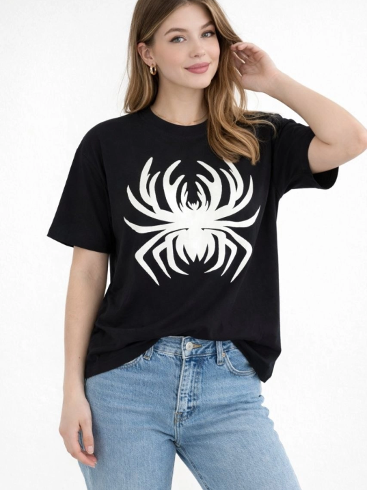 Kadın Örümcek Baskılı Tişört Kısa Kollu Bisiklet Yaka T-shirt - Siyah