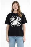 Kadın Örümcek Baskılı Tişört Kısa Kollu Bisiklet Yaka T-shirt - Siyah Kadın Örümcek Baskılı Tişört Kısa Kollu Bisiklet Yaka T-shirt - Siyah
