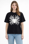 Kadın Örümcek Baskılı Tişört Kısa Kollu Bisiklet Yaka T-shirt - Siyah