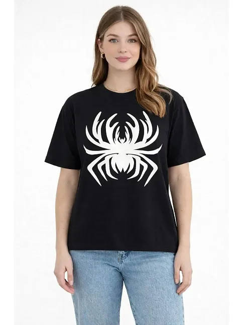 Kadın Örümcek Baskılı Tişört Kısa Kollu Bisiklet Yaka T-shirt - Siyah Kadın Örümcek Baskılı Tişört Kısa Kollu Bisiklet Yaka T-shirt - Siyah