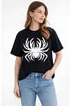 Kadın Örümcek Baskılı Tişört Kısa Kollu Bisiklet Yaka T-shirt - Siyah Kadın Örümcek Baskılı Tişört Kısa Kollu Bisiklet Yaka T-shirt - Siyah