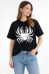 Kadın Örümcek Baskılı Tişört Kısa Kollu Bisiklet Yaka T-shirt - Siyah