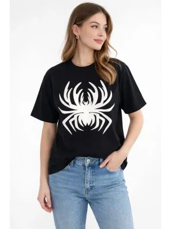 Kadın Örümcek Baskılı Tişört Kısa Kollu Bisiklet Yaka T-shirt - Siyah