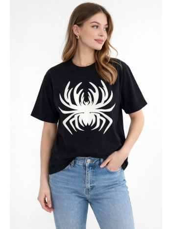Kadın Örümcek Baskılı Tişört Kısa Kollu Bisiklet Yaka T-shirt - Siyah