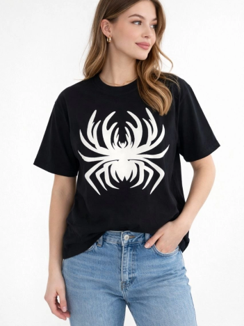 Kadın Örümcek Baskılı Tişört Kısa Kollu Bisiklet Yaka T-shirt - Siyah