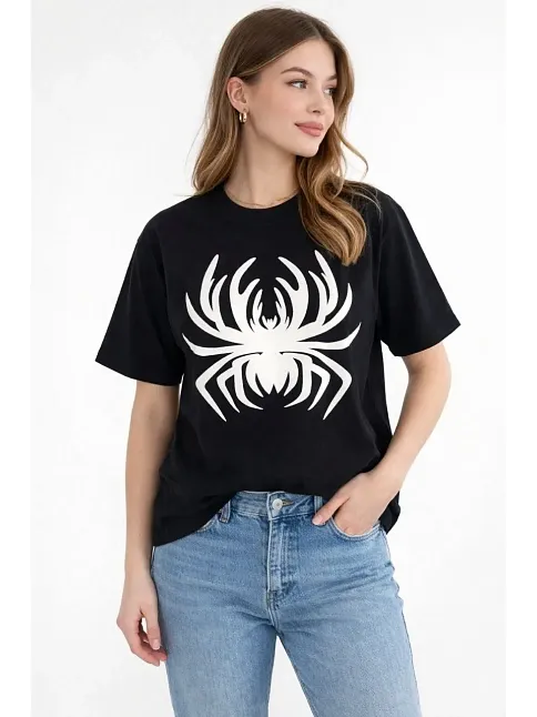 Kadın Örümcek Baskılı Tişört Kısa Kollu Bisiklet Yaka T-shirt - Siyah Kadın Örümcek Baskılı Tişört Kısa Kollu Bisiklet Yaka T-shirt - Siyah
