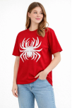 Kadın Örümcek Baskılı Tişört Kısa Kollu Bisiklet Yaka T-shirt - Kırmızı