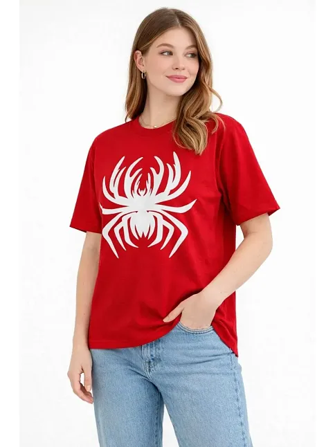Kadın Örümcek Baskılı Tişört Kısa Kollu Bisiklet Yaka T-shirt - Kırmızı Kadın Örümcek Baskılı Tişört Kısa Kollu Bisiklet Yaka T-shirt - Kırmızı