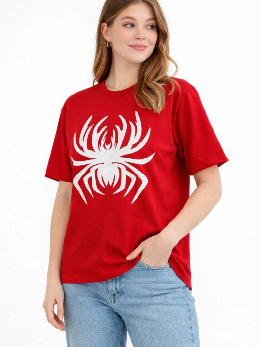 Kadın Örümcek Baskılı Tişört Kısa Kollu Bisiklet Yaka T-shirt - Kırmızı