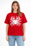 Kadın Örümcek Baskılı Tişört Kısa Kollu Bisiklet Yaka T-shirt - Kırmızı