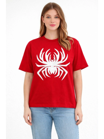 Kadın Örümcek Baskılı Tişört Kısa Kollu Bisiklet Yaka T-shirt - Kırmızı