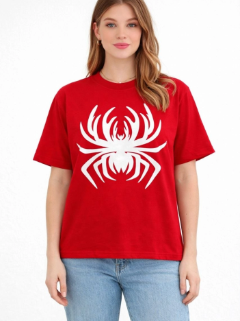 Kadın Örümcek Baskılı Tişört Kısa Kollu Bisiklet Yaka T-shirt - Kırmızı