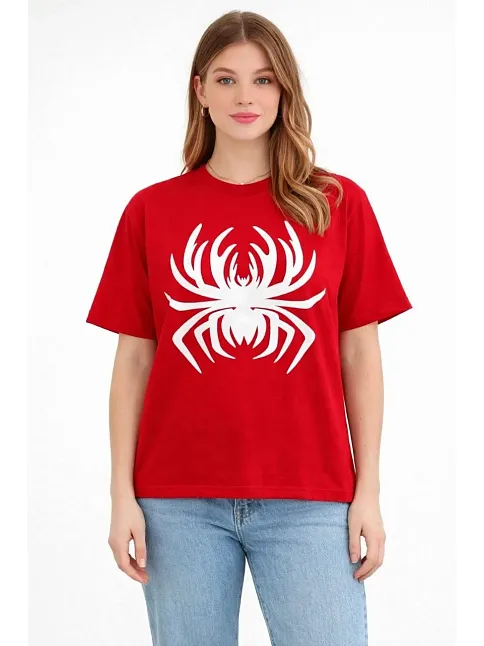 Kadın Örümcek Baskılı Tişört Kısa Kollu Bisiklet Yaka T-shirt - Kırmızı Kadın Örümcek Baskılı Tişört Kısa Kollu Bisiklet Yaka T-shirt - Kırmızı