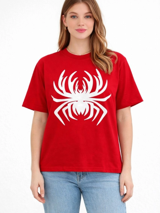 Kadın Örümcek Baskılı Tişört Kısa Kollu Bisiklet Yaka T-shirt - Kırmızı
