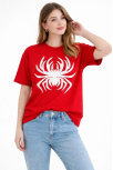 Kadın Örümcek Baskılı Tişört Kısa Kollu Bisiklet Yaka T-shirt - Kırmızı