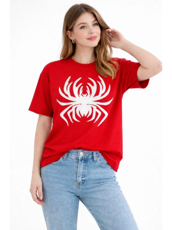 Kadın Örümcek Baskılı Tişört Kısa Kollu Bisiklet Yaka T-shirt - Kırmızı