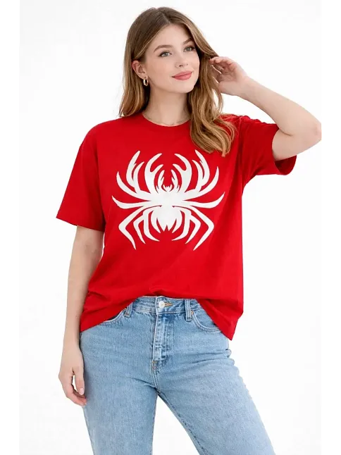 Kadın Örümcek Baskılı Tişört Kısa Kollu Bisiklet Yaka T-shirt - Kırmızı Kadın Örümcek Baskılı Tişört Kısa Kollu Bisiklet Yaka T-shirt - Kırmızı
