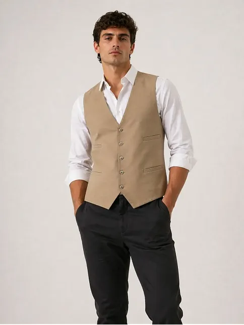 Erkek 6 Cepli Yelek İç Astarlı Sağ Sol İç Cepli Slim Fit Günlük Şık - Bej