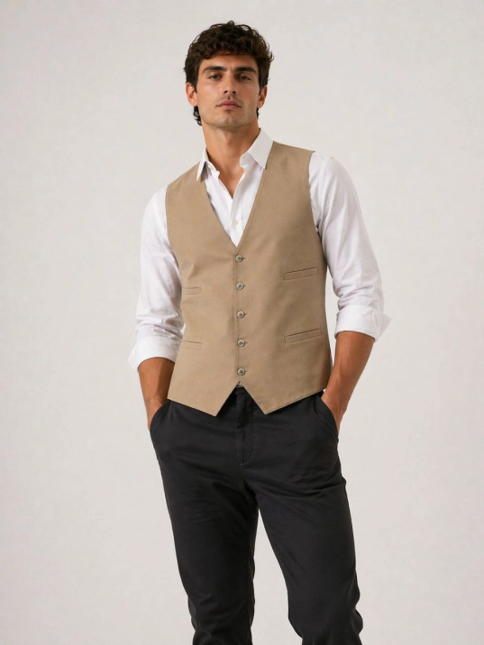 Erkek 6 Cepli Yelek İç Astarlı Sağ Sol İç Cepli Slim Fit Günlük Şık - Bej