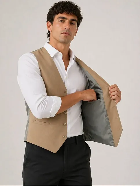 Erkek 6 Cepli Yelek İç Astarlı Sağ Sol İç Cepli Slim Fit Günlük Şık - Bej