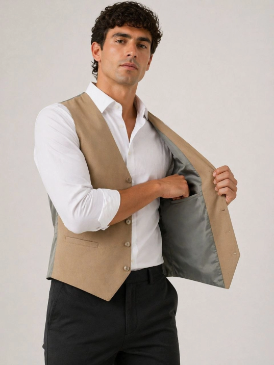 Erkek 6 Cepli Yelek İç Astarlı Sağ Sol İç Cepli Slim Fit Günlük Şık - Bej