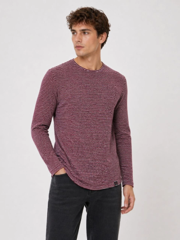 Erkek Dokulu Çizgili Uzun Kollu Tişört Oval Kesim - Bordo