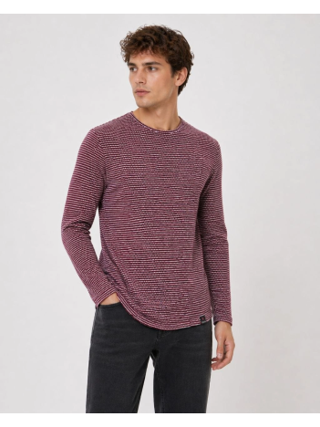 Erkek Dokulu Çizgili Uzun Kollu Tişört Oval Kesim - Bordo