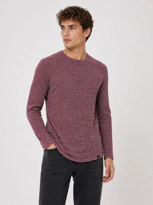 Erkek Dokulu Çizgili Uzun Kollu Tişört Oval Kesim - Bordo