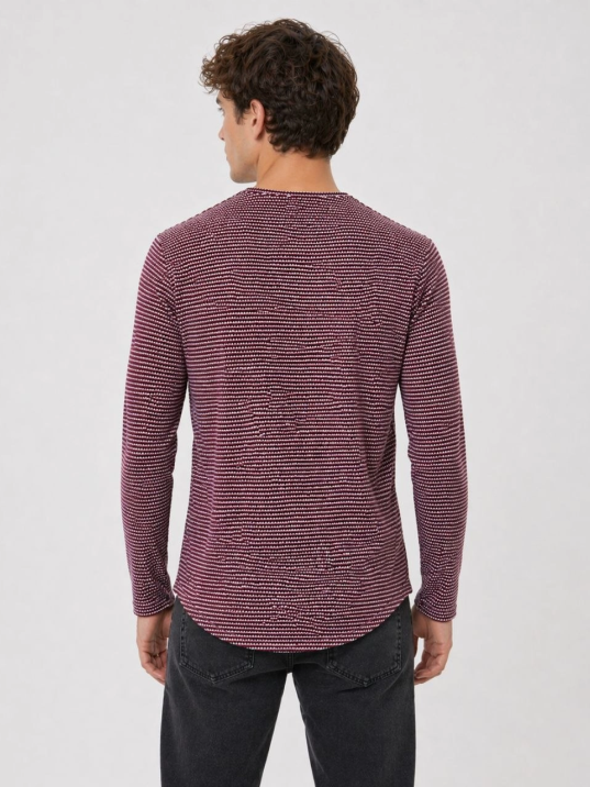 Erkek Dokulu Çizgili Uzun Kollu Tişört Oval Kesim - Bordo