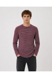 Erkek Dokulu Çizgili Uzun Kollu Tişört Oval Kesim - Bordo