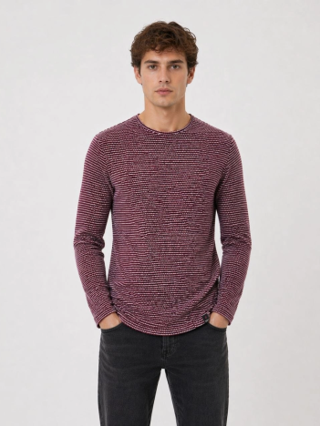 Erkek Dokulu Çizgili Uzun Kollu Tişört Oval Kesim - Bordo