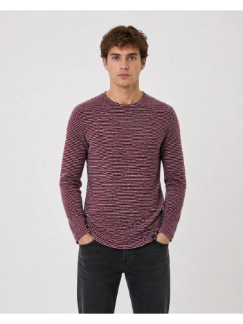 Erkek Dokulu Çizgili Uzun Kollu Tişört Oval Kesim - Bordo