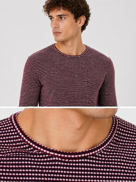 Erkek Dokulu Çizgili Uzun Kollu Tişört Oval Kesim - Bordo