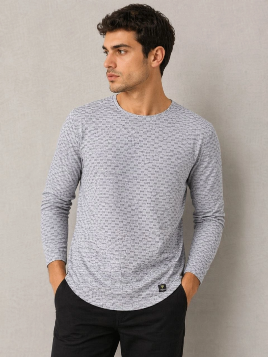 Erkeklikralı Dokulu Uzun Kollu Tişört Oval Kesim - Gri