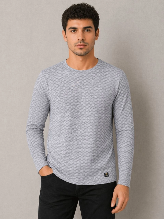 Erkeklikralı Dokulu Uzun Kollu Tişört Oval Kesim - Gri